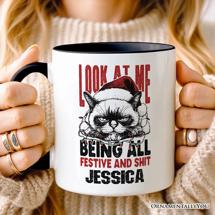 Grumpy Christmas Cat Personalized Mug, Funny Santa Hat Holiday Lights Gift for Sarcastic Festive People with Custom Name Personalized Ceramic Mug OrnamentallyYou 