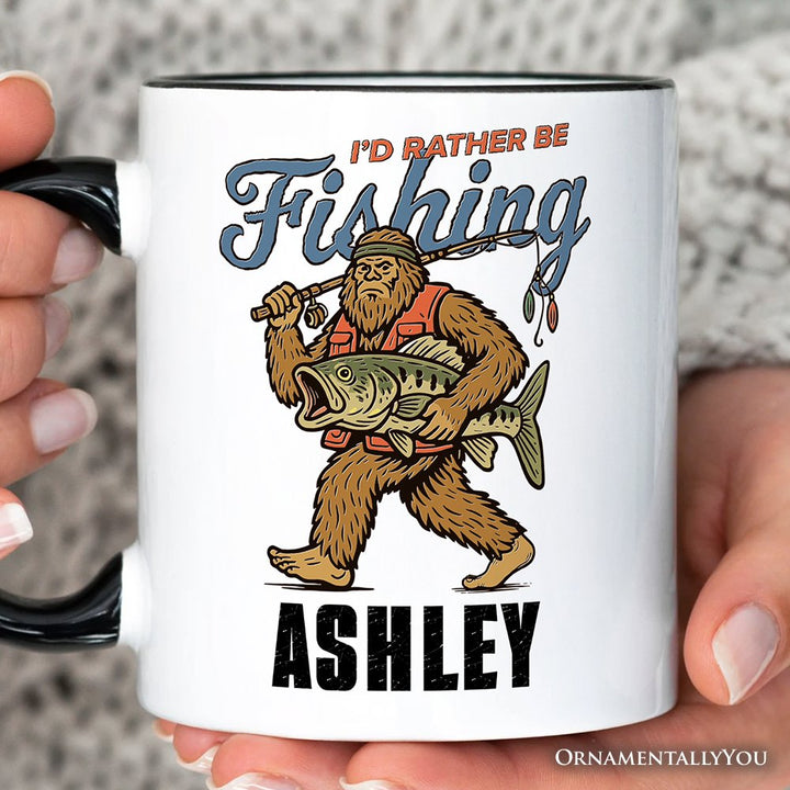 I’d Rather Be Fishing Bigfoot Personalized Mug, Funny Sasquatch Fishermen Gift with Custom Name Personalized Ceramic Mug OrnamentallyYou 