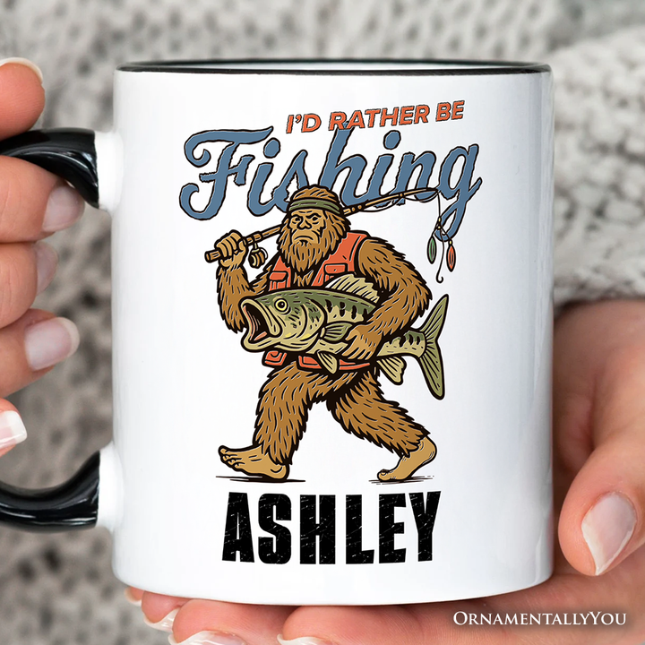 I’d Rather Be Fishing Bigfoot Personalized Mug, Funny Sasquatch Fishermen Gift with Custom Name