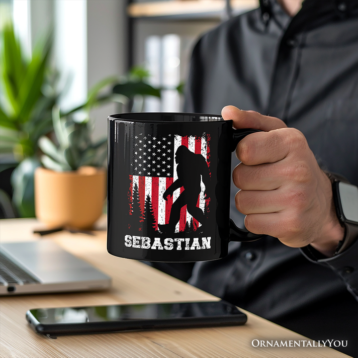 Bigfoot American Flag Personalized Mug, Patriotic Sasquatch Gift with Custom Name