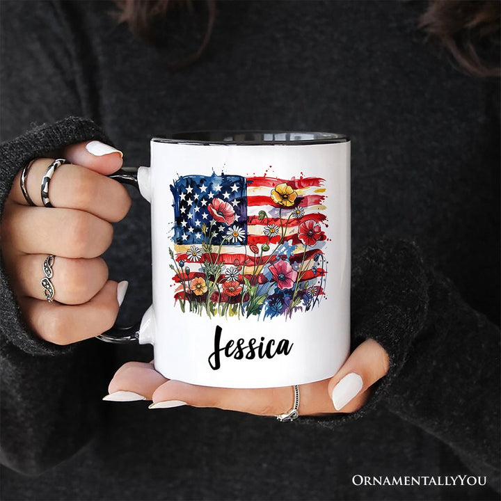 American Flag Floral Wildflower Personalized Mug, Patriotic Boho USA 4th of July Gift with Custom Name Personalized Ceramic Mug OrnamentallyYou 