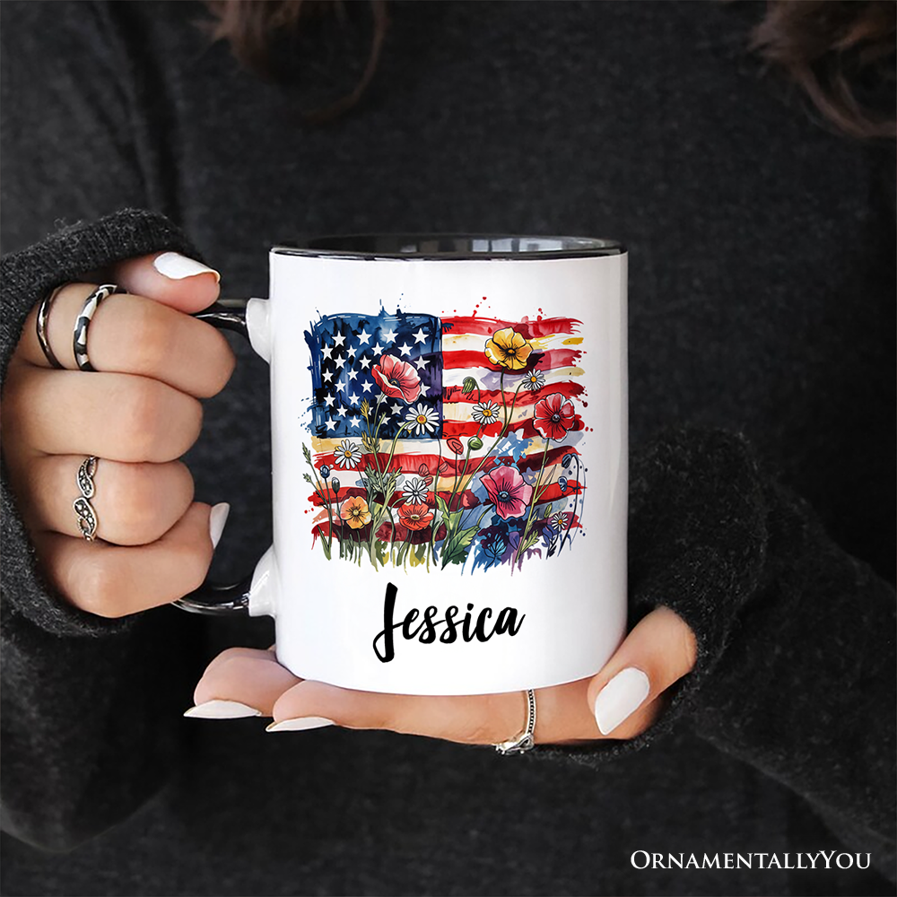 American Flag Floral Wildflower Personalized Mug, Patriotic Boho USA 4th of July Gift with Custom Name