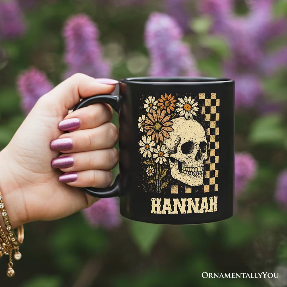 Checkered Floral Skeleton Personalized Mug, Vintage Skull Daisy Halloween Gift with Custom Name Personalized Ceramic Mug OrnamentallyYou 