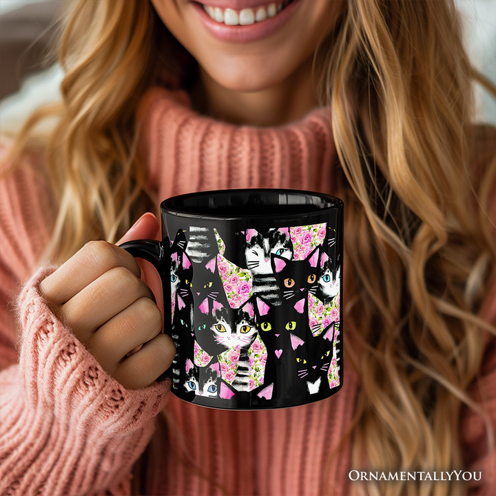 Floral Black And Pink Cats Pattern Cute Mug, Kitten Collage Gift for Cat Lovers