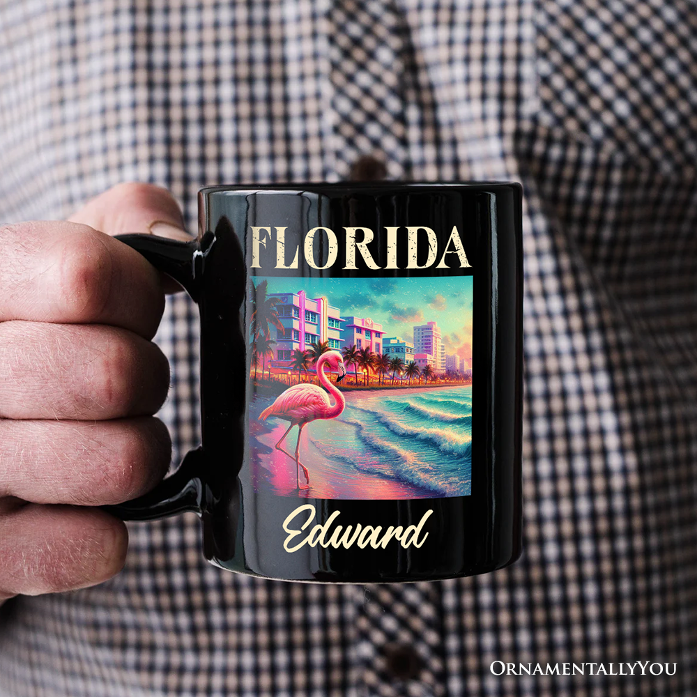 Vibrant Florida State Flamingo Personalized Mug, Miami Beach Souvenir and Coastal Gift with Custom Name