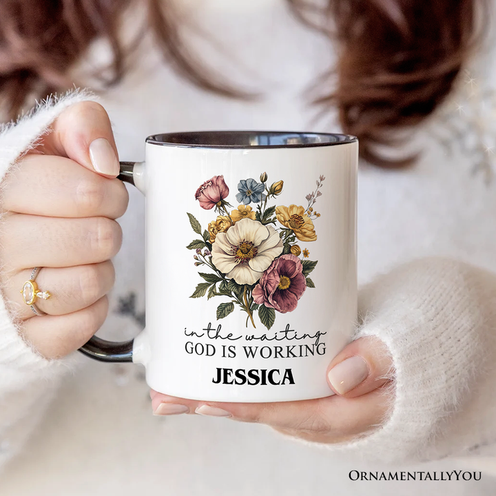 In the Waiting God Is Working Floral Christian Personalized Mug, Vintage Wildflower Faith Gift with Custom Name