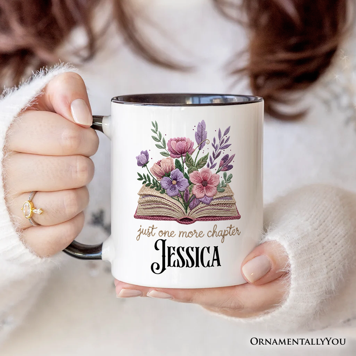 Floral Book Printed Faux Yarn Crochet Personalized Mug, Just One More Chapter Bookworm Gift with Custom Name