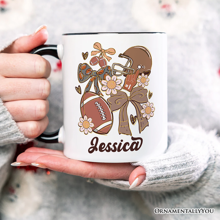 Football Mom Coquette Bow Daisy Personalized Mug, Retro Fall Game Day Preppy Gift with Custom Name