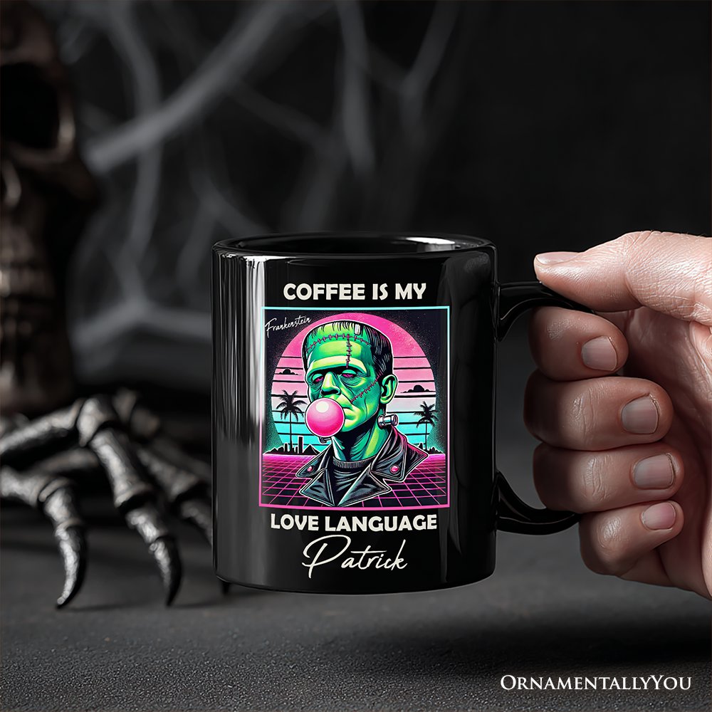 Vaperwave Frankenstein Retro Neon Horror Personalized Mug, Synthwave 80's Styled Classic Halloween Gift with Custom Name Personalized Ceramic Mug OrnamentallyYou 