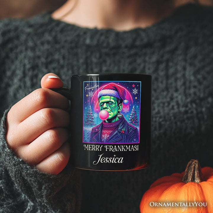 Frankenstein Christmas Vaporwave Personalized Mug, Retro Neon Holiday Gift with Custom Name Personalized Ceramic Mug OrnamentallyYou 