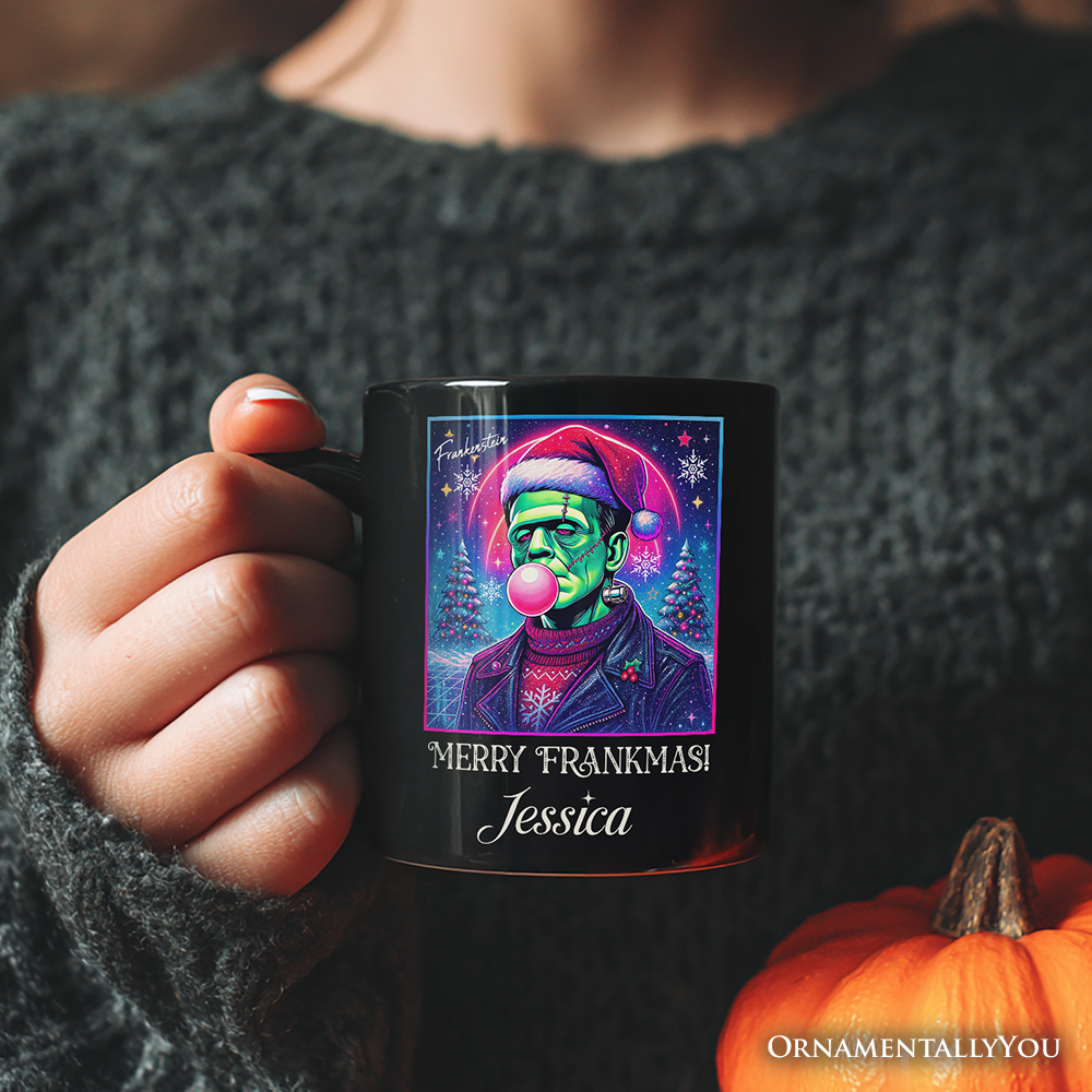 Frankenstein Christmas Vaporwave Personalized Mug, Retro Neon Holiday Gift with Custom Name