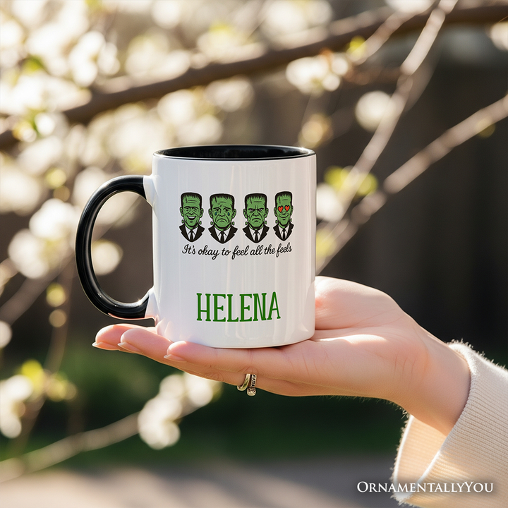 Frankenstein It’s Okay To Feel All The Feels Personalized Mug, Funny Mental Health Feelings Gift with Custom Name