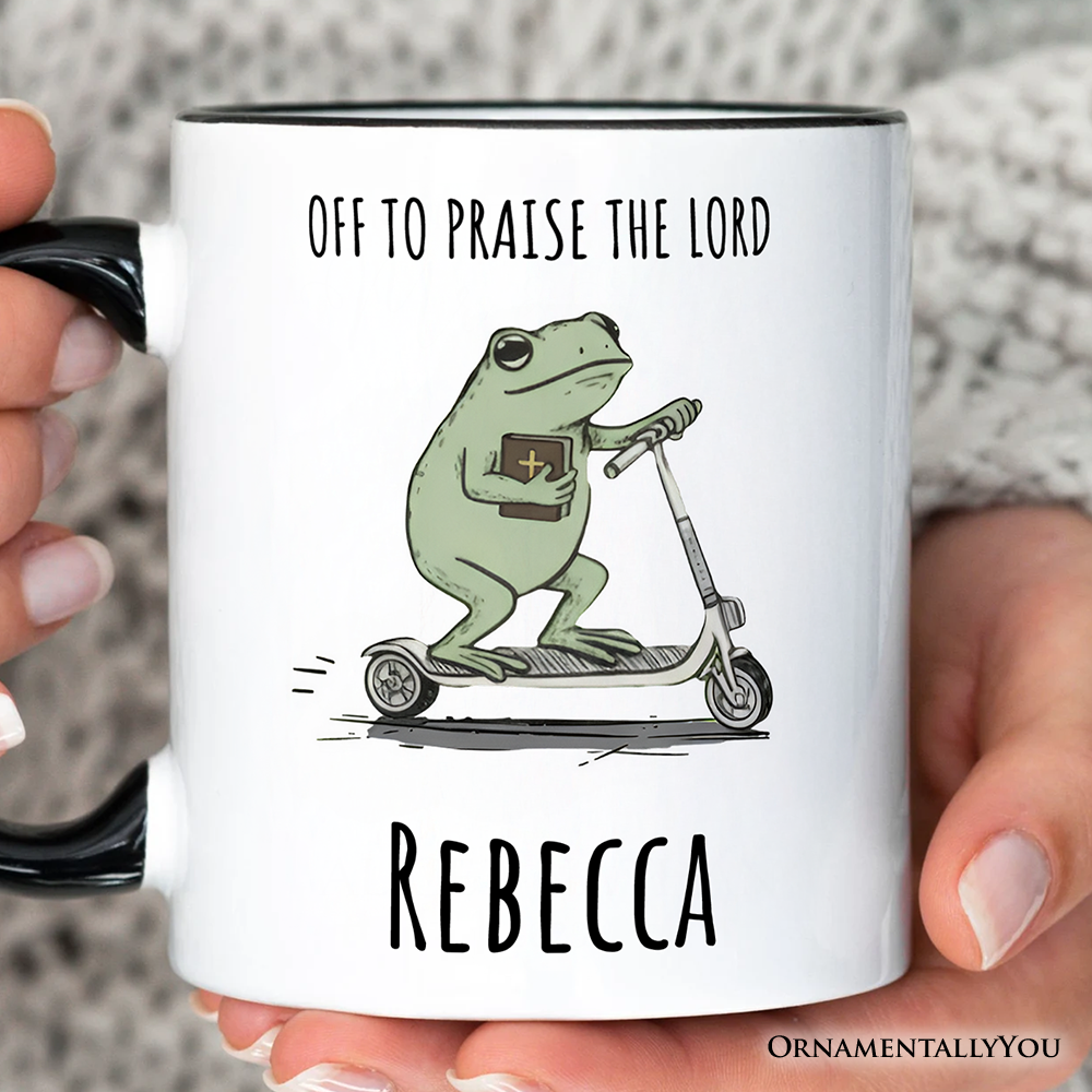 Off to Praise the Lord Funny Frog Personalized Mug, Christian Faith Humor Jesus Gift with Custom Name