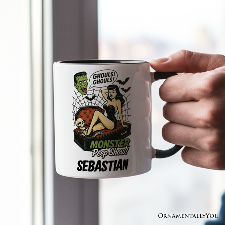 Monster Peep Show Pin-Up Personalized Mug, Retro Horror Halloween Gift with Custom Name
