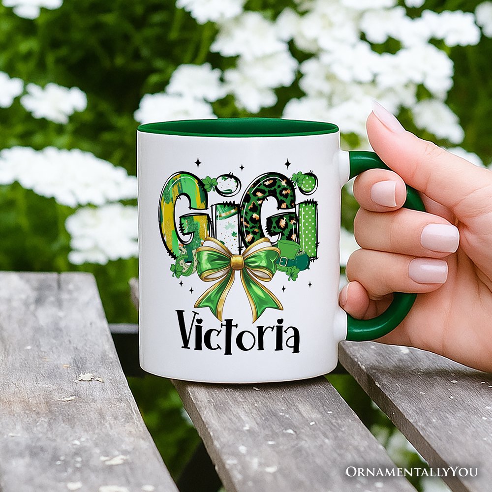 Coquette Gigi Bow St Patrick’s Day Personalized Mug, Green Lucky Shamrock Clover Gift with Custom Name Personalized Ceramic Mug OrnamentallyYou 