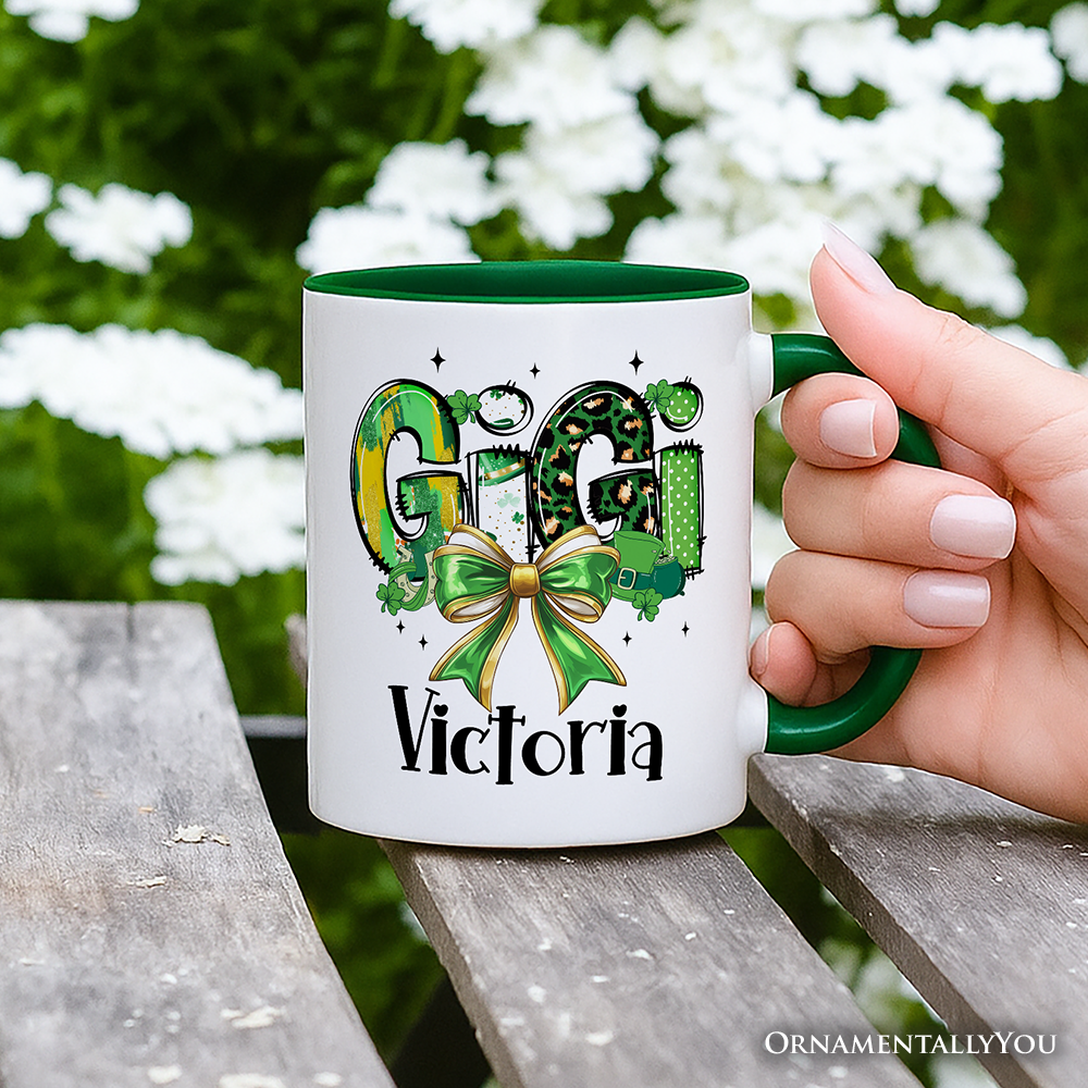 Coquette Gigi Bow St Patrick’s Day Personalized Mug, Green Lucky Shamrock Clover Gift with Custom Name