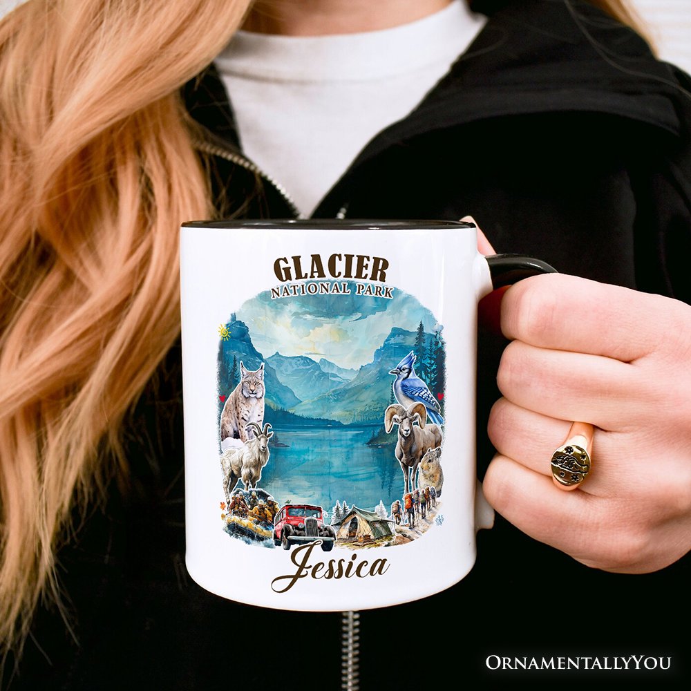 Artistic Glacier National Park Adventure Personalized Mug, Montana Travel Gift and Souvenir with Custom Name Personalized Ceramic Mug OrnamentallyYou 