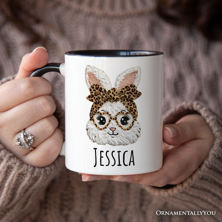 Easter Bunny Leopard Bow Personalized Mug, Coquette Printed Faux Embroidery Girly Spring Gift with Custom Name