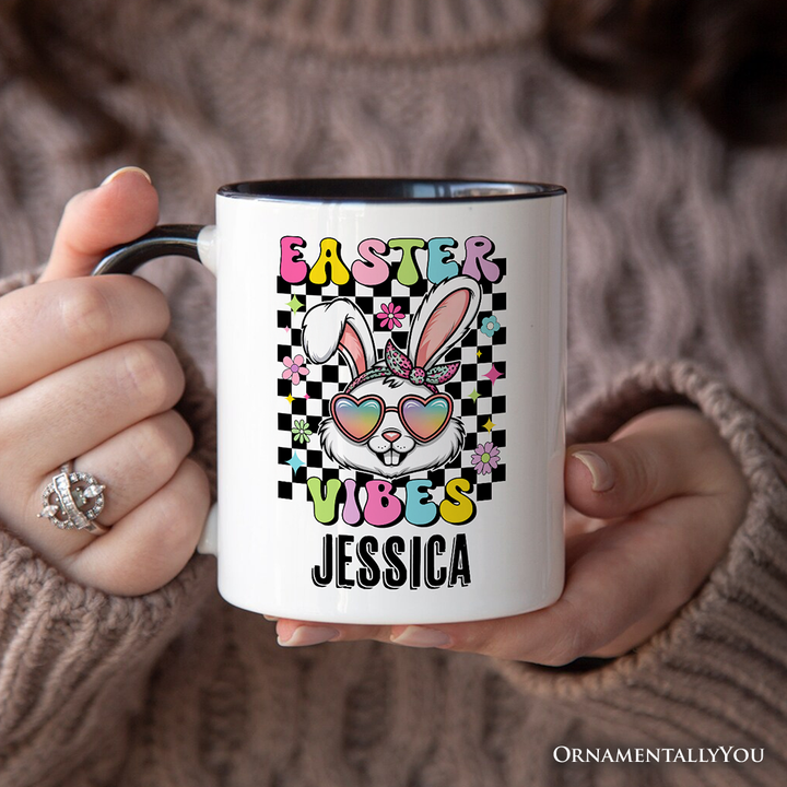 Retro Easter Bunny Sunglasses Personalized Mug, Groovy Checkered Gift with Custom Name