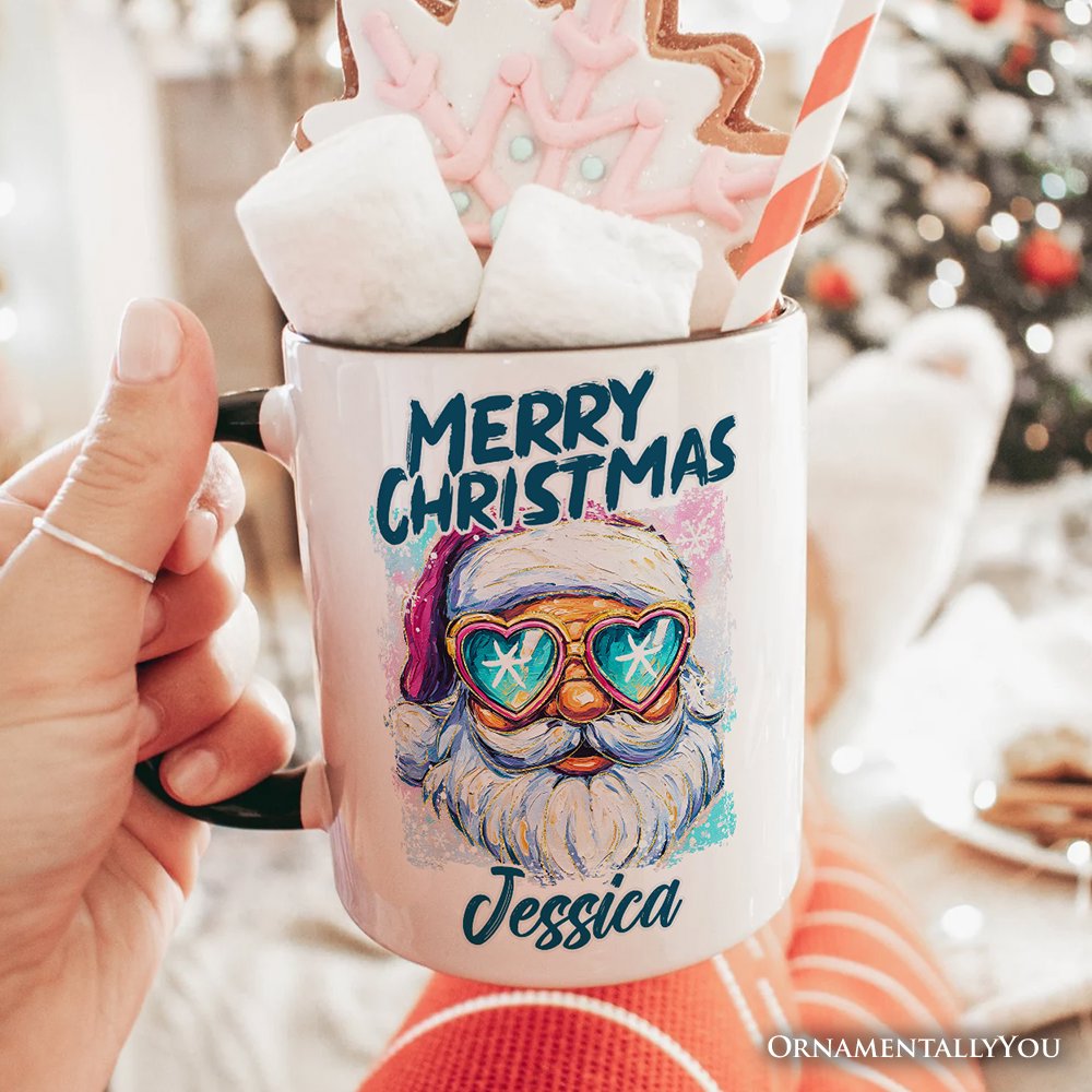 Merry Christmas Santa Sunglasses Christmas Personalized Mug, Funky Retro Holiday Gift with Custom Name Personalized Ceramic Mug OrnamentallyYou 