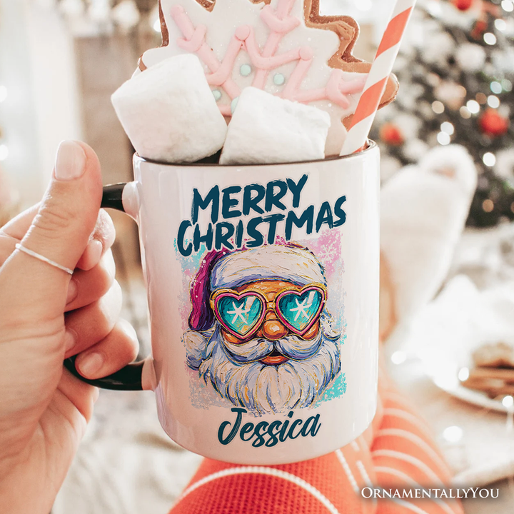 Merry Christmas Santa Sunglasses Christmas Personalized Mug, Funky Retro Holiday Gift with Custom Name
