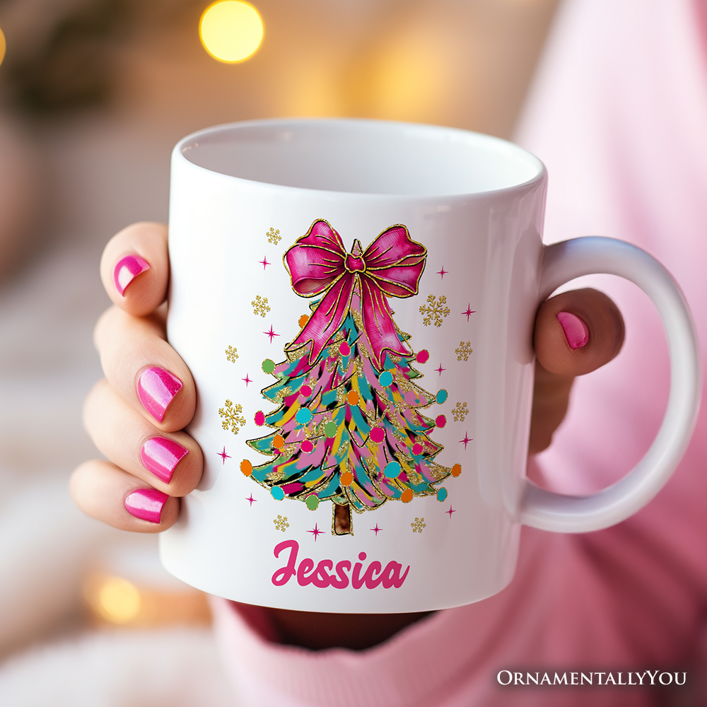 Colorful Glitter Christmas Tree Pink Bow Personalized Mug, Pink Bow Coquette Holiday Gift with Custom Name