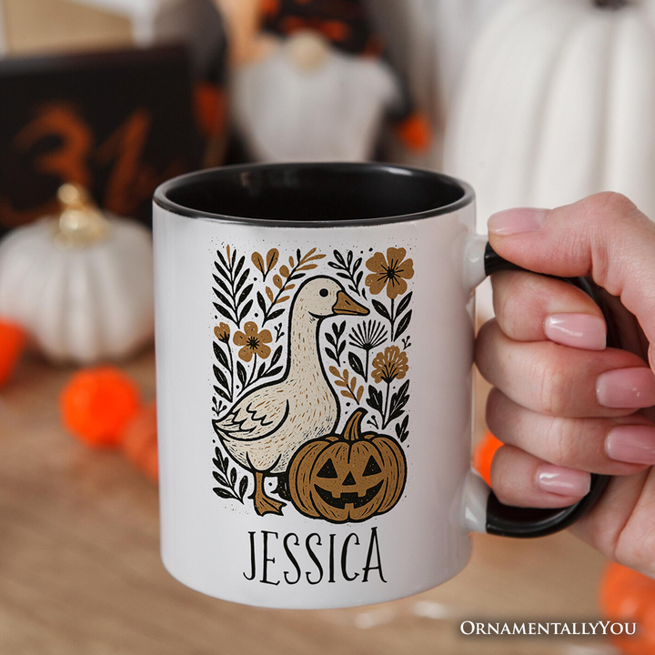 Boho Goose Halloween Pumpkin Personalized Mug, Spooky Fall Floral Gift with Custom Name