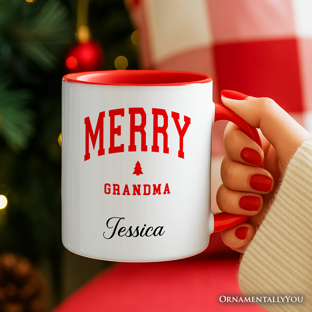 Merry Grandma Retro Christmas Personalized Mug, Matching Family Holiday Gift with Custom Name