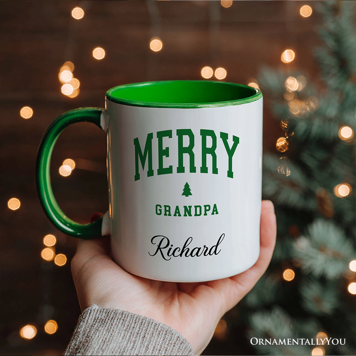 Merry Grandpa Retro Christmas Personalized Mug, Matching Family Holiday Gift with Custom Name