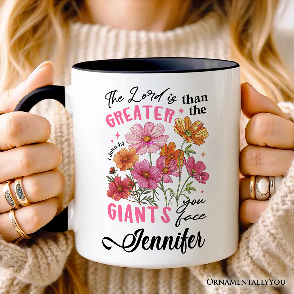 The Lord Is Greater Floral Christian Personalized Mug, Faith Bible Verse Inspirational Gift with Custom Name