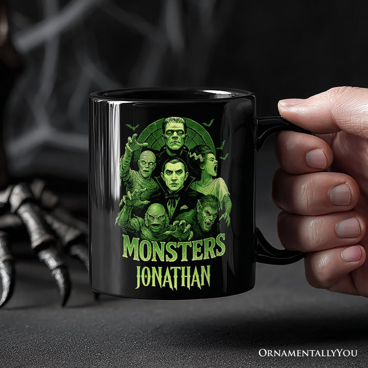Green Retro Monsters Personalized Mug, Vintage Classic Horror Halloween Gift with Custom Name Personalized Ceramic Mug OrnamentallyYou 