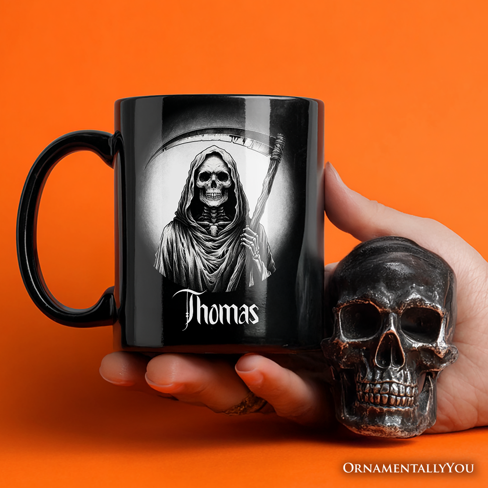 Grim Reaper Spooky Portrait Personalized Mug Horror Villain Theme Halloween Gift with Custom Name