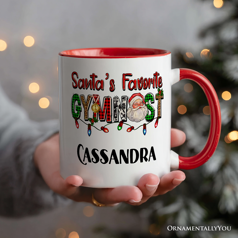 Santa’s Favorite Gymnast Personalized Mug, Plaid Christmas Athelete Gift with Custom Name