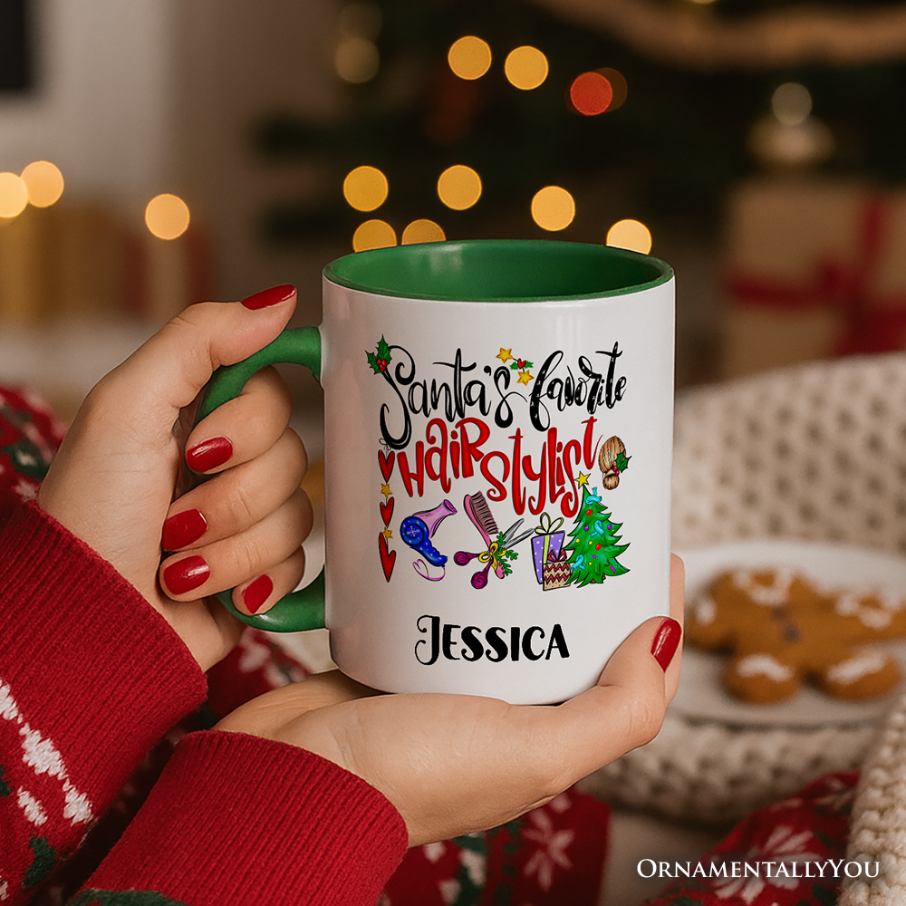 Santa’s Favorite Hairstylist Christmas Personalized Mug, Hairdresser Appreciation Gift with Custom Name