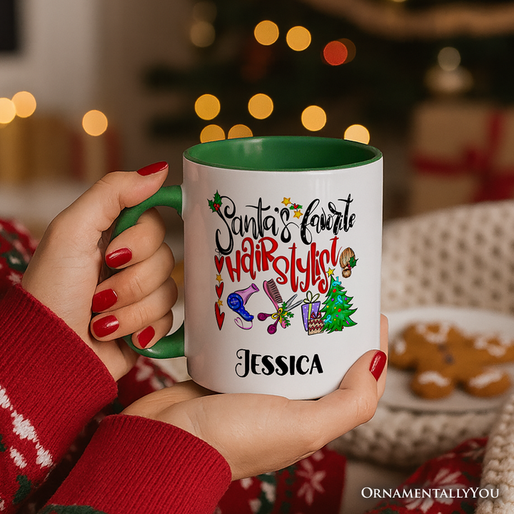 Santa’s Favorite Hairstylist Christmas Personalized Mug, Hairdresser Appreciation Gift with Custom Name