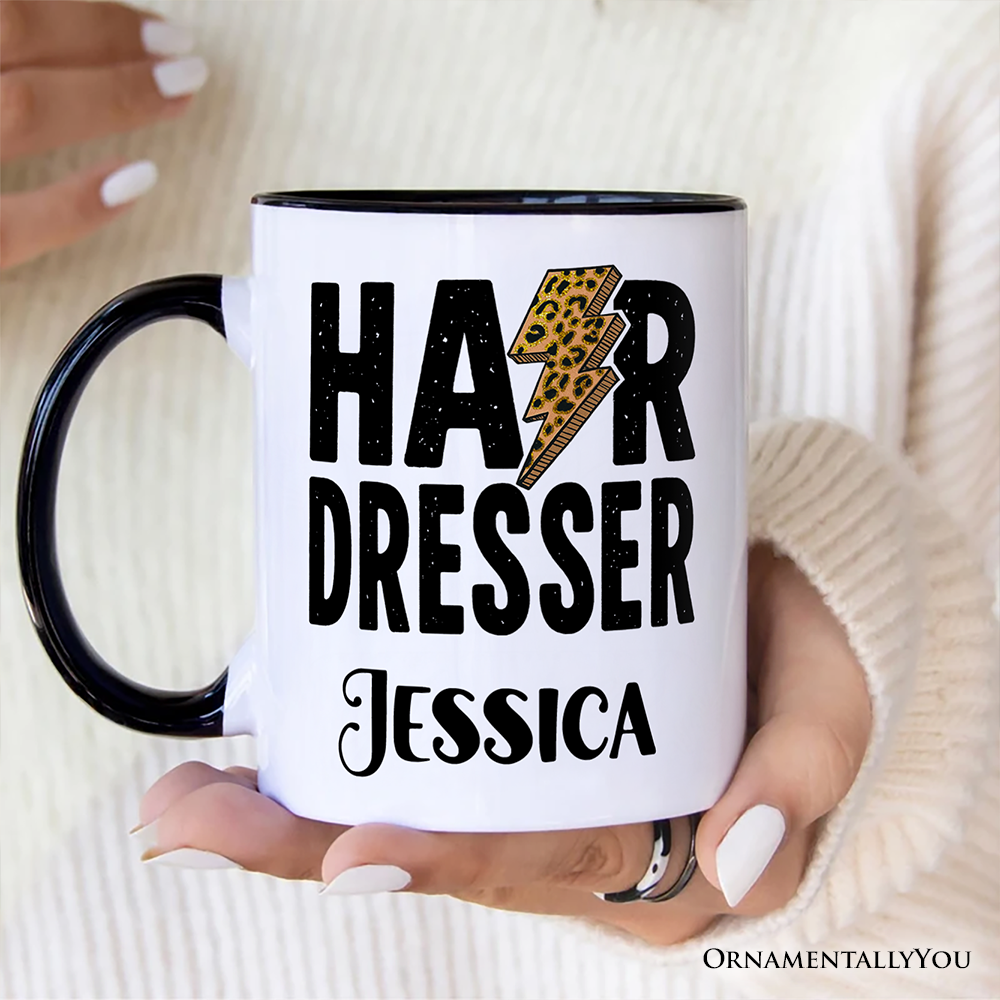 Hairdresser Leopard Lightning Pesonalized Mug, Retro Stylist Gift with Custom Name
