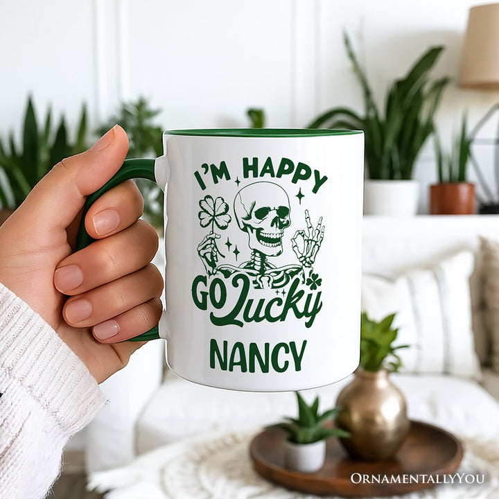 Happy Go Lucky Clover Skeleton St Patrick’s Day Personalized Mug, Green Shamrock Vintage Gift with Custom Name Personalized Ceramic Mug OrnamentallyYou 