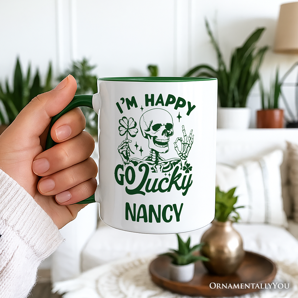 Happy Go Lucky Clover Skeleton St Patrick’s Day Personalized Mug, Green Shamrock Vintage Gift with Custom Name