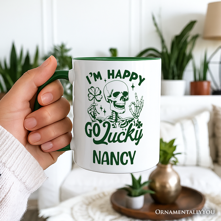 Happy Go Lucky Clover Skeleton St Patrick’s Day Personalized Mug, Green Shamrock Vintage Gift with Custom Name