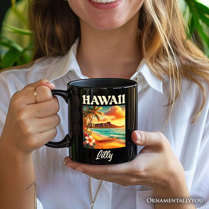 Tropical Hawaii Island State Personalized Mug, Vibrant Diamond Head Seaside Gift and Honolulu Souvenir with Custom Name Personalized Ceramic Mug OrnamentallyYou 