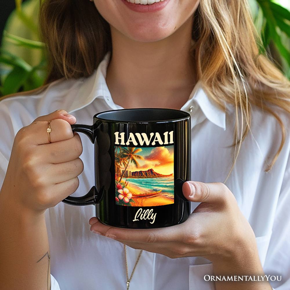Tropical Hawaii Island State Personalized Mug, Vibrant Diamond Head Seaside Gift and Honolulu Souvenir with Custom Name