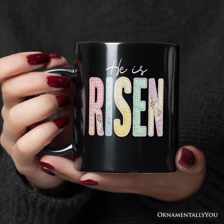 He Is Risen Printed Faux Embroidered Christian Mug, Cute Religious Flowers Gift