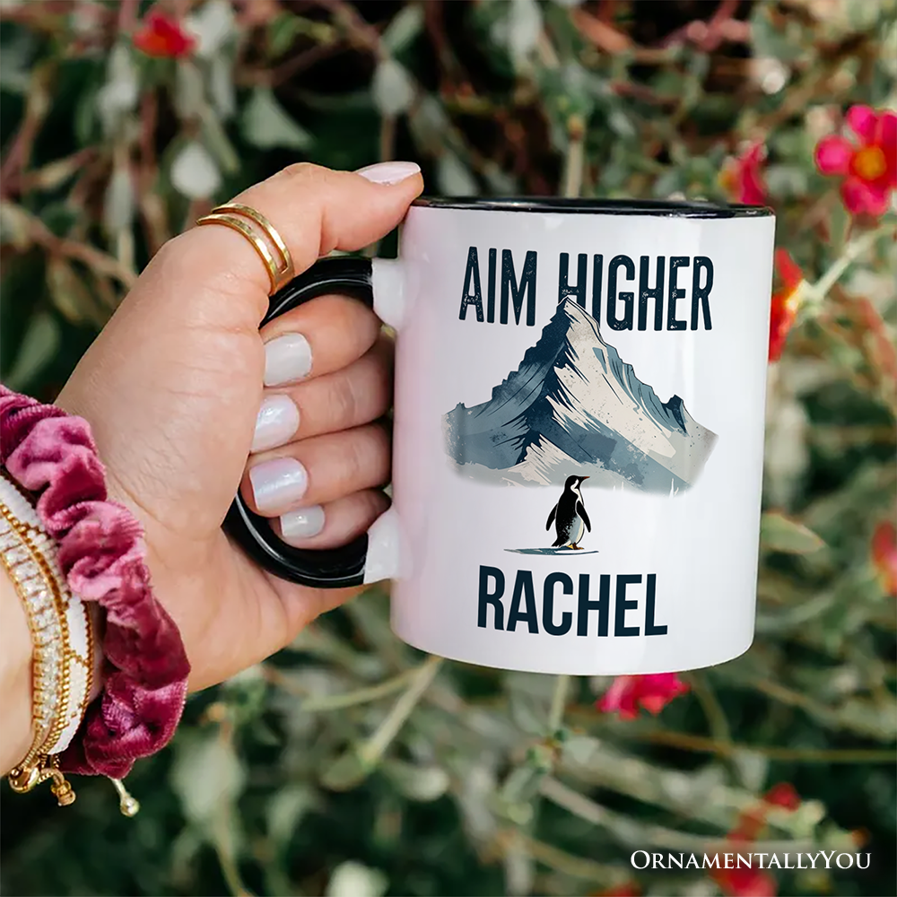Aim Higher Penguin Personalized Mug, Vintage Mountain Motivational Quote Gift with Custom Name