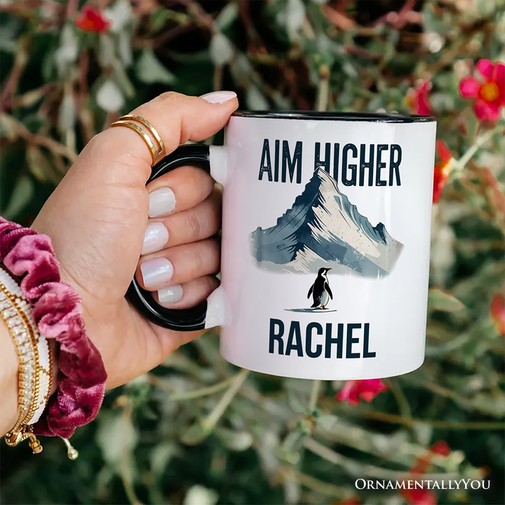 Aim Higher Penguin Personalized Mug, Vintage Mountain Motivational Quote Gift with Custom Name