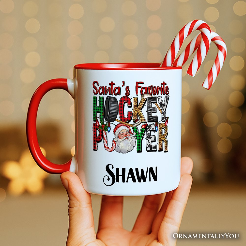 Santa’s Favorite Hockey Player Personalized Mug, Plaid Christmas Athelete Gift with Custom Name Personalized Ceramic Mug OrnamentallyYou 