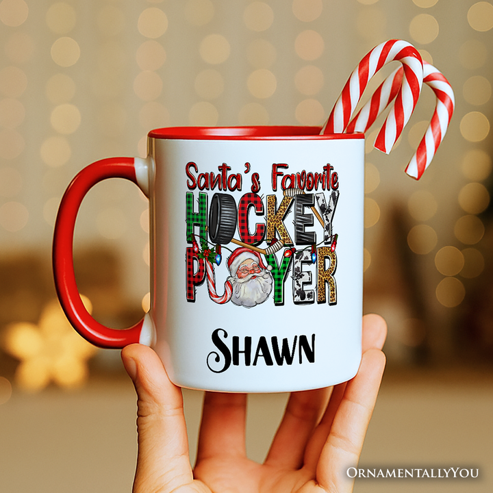 Santa’s Favorite Hockey Player Personalized Mug, Plaid Christmas Athelete Gift with Custom Name