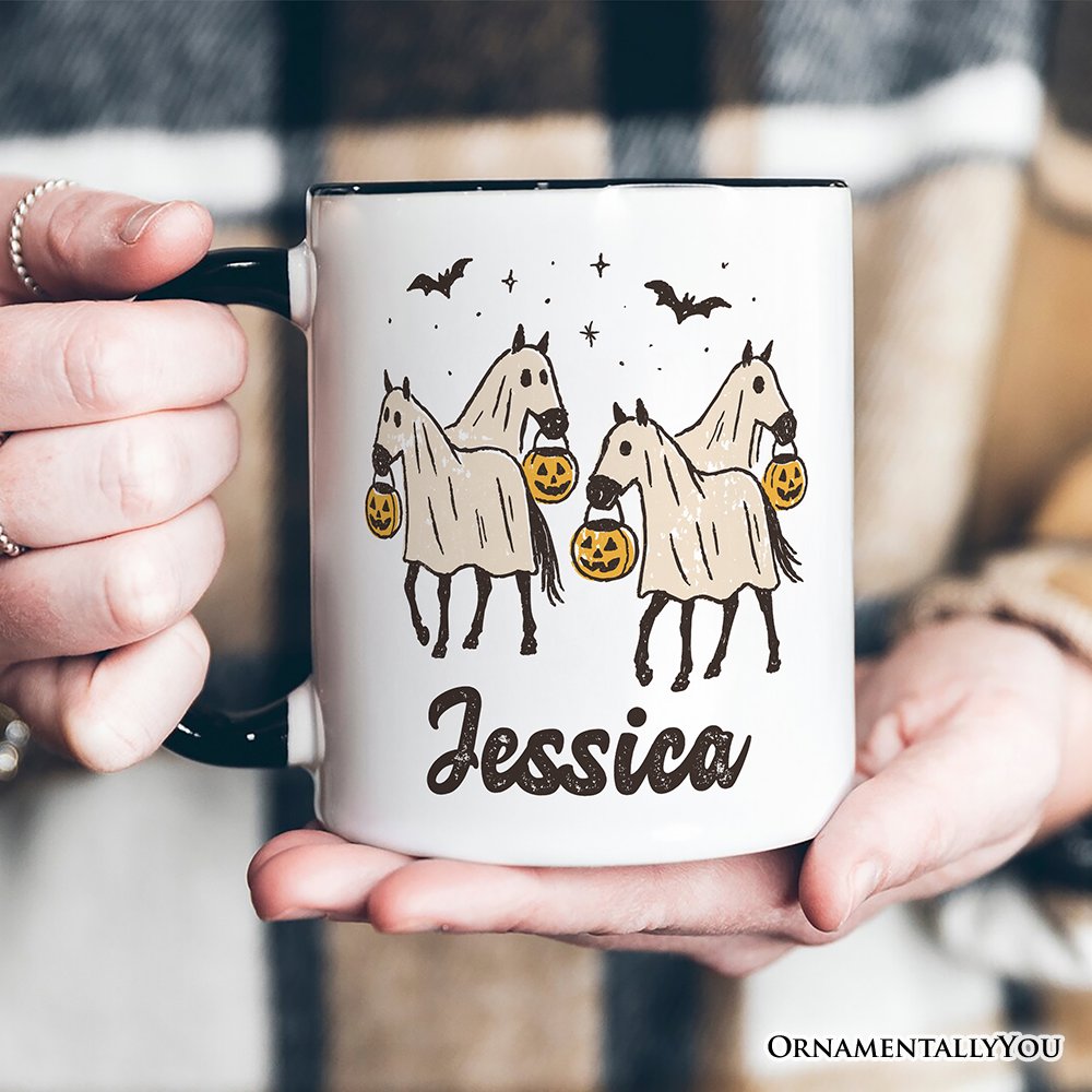 Retro Halloween Horse Ghosts Personalized Mug, Cute Western Gift with Spooky Vibes and Custom Name Personalized Ceramic Mug OrnamentallyYou 
