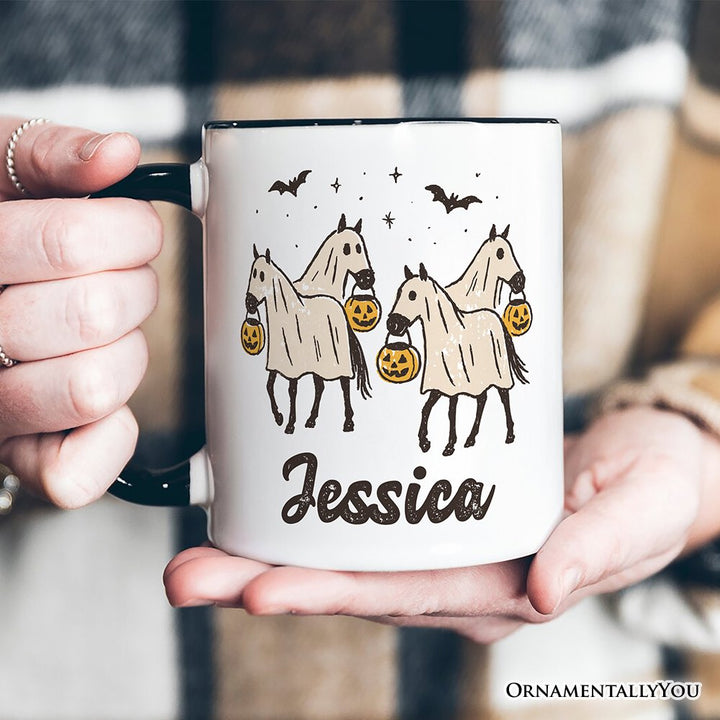 Retro Halloween Horse Ghosts Personalized Mug, Cute Western Gift with Spooky Vibes and Custom Name Personalized Ceramic Mug OrnamentallyYou 