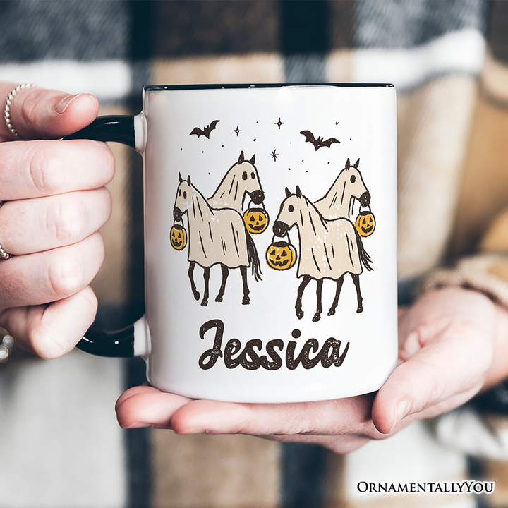 Retro Halloween Horse Ghosts Personalized Mug, Cute Western Gift with Spooky Vibes and Custom Name