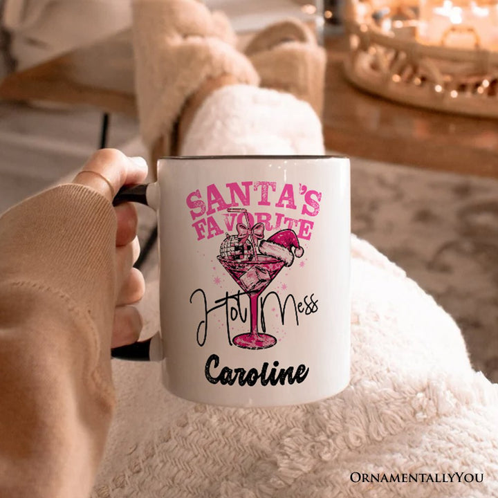 Santa’s Favorite Hot Mess Personalized Mug, Pink Martini Retro Disco Christmas Gift with Custom Name Personalized Ceramic Mug OrnamentallyYou 